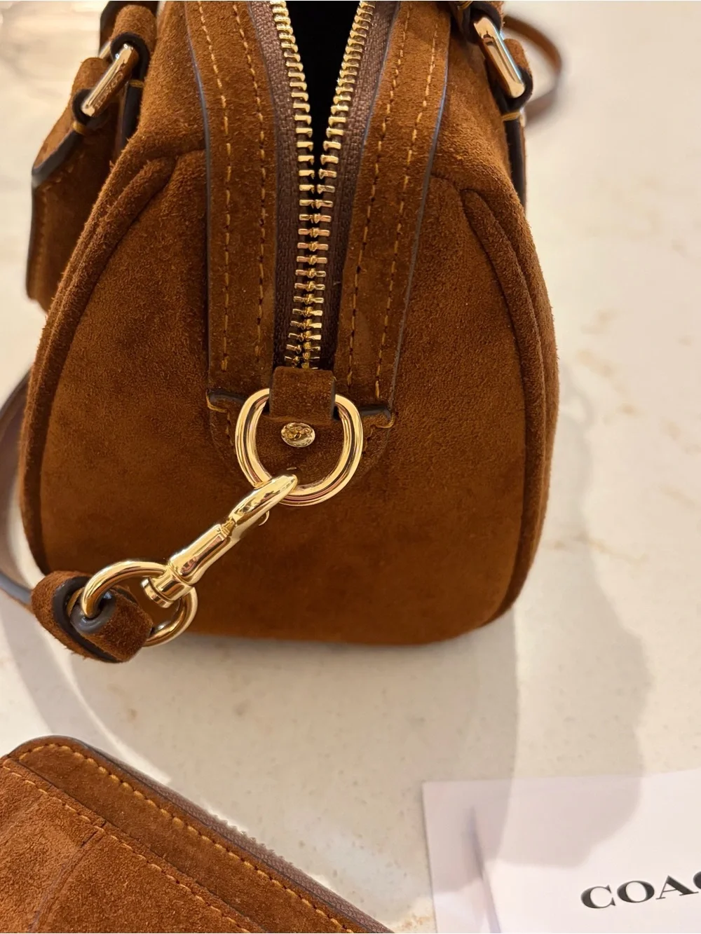 Coach Mini Rowan Suede Satchel in Chestnut Brown with Gold Hardware and wallet